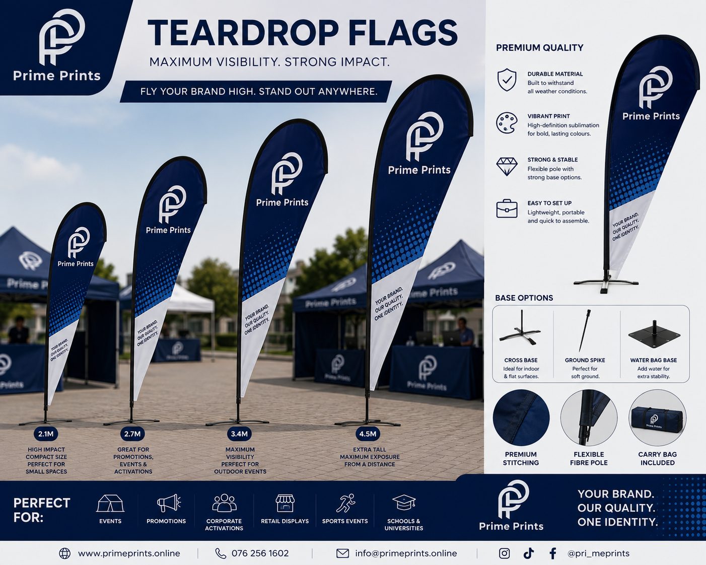 Branded teardrop flags at an event
